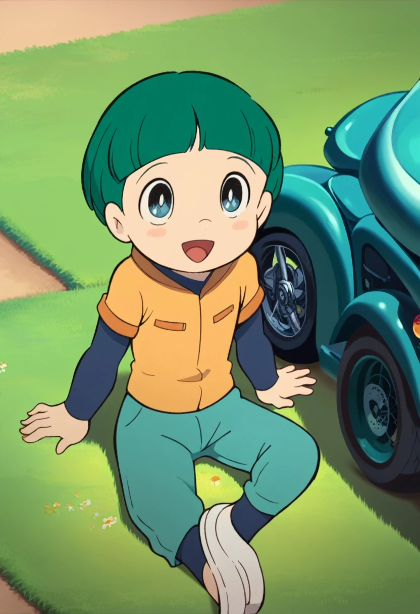 Cute young boy, ropple, blue eyes, green hair, cute face, very smail, laughing, nsfw, small breasts, waist, motorcycle pants, wet spats, cute crotch penis, sitting, full view body, front view,