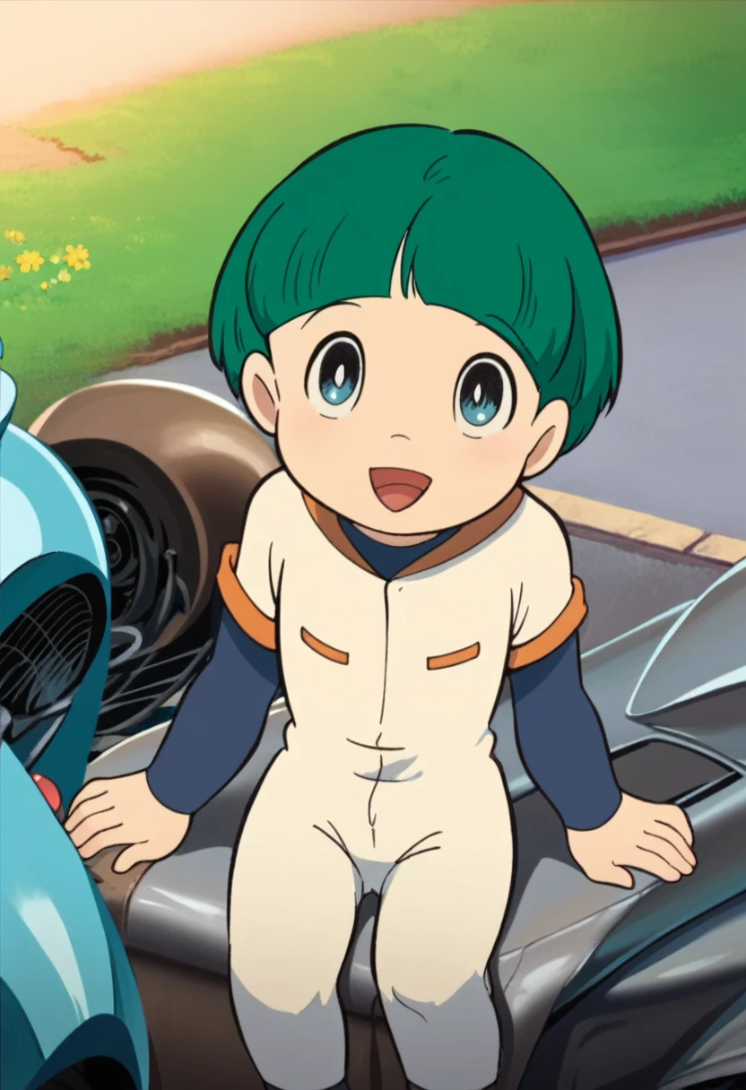 Cute young boy, ropple, blue eyes, green hair, cute face, very smail, laughing, nsfw, small breasts, waist, motorcycle pants, wet spats, cute crotch penis, sitting, full view body, front view,