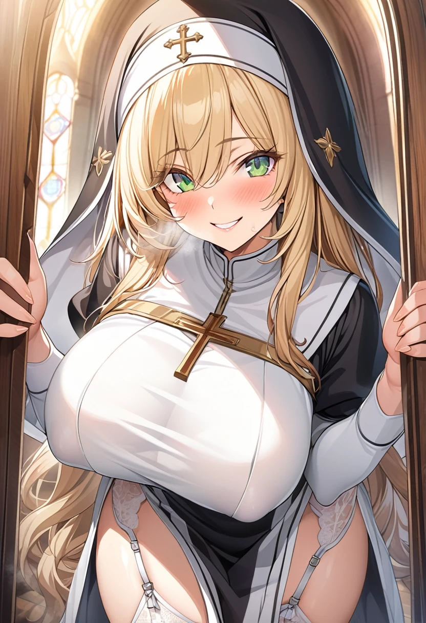 masterpiece, Highest quality, Official Art, Highly detailed CG Unity 8k wallpaper, Detailed Background, (Handcrafted by Guido Daniele), (Finger details), Mature Woman1, (Curvy), (Nuns), (standing in church), (Nuns gown:1.12), (Chest curtain:1.4), (Nuns skirt:1.11), (White Garter Straps Garter Belt:1.12), (Blonde long hair:1.12), (Hair intake:1.12), (Green Eyes:1.2), blush, (Loving smile, holy smile), ((Huge breasts:1.5、Sagging breasts:1.5、Long Breasts:1.3、sagging breast:1.5)), Tight waist, Shiny skin, (Cross Necklace), indoor, (Sacred Scene), (church:1.11), (Sunlight streaming through stained glass),Mature Woman、((sit、足を広げてsit))、Monastic Clothes、White panties、Photographed from diagonally in front、Confessional Pose、Clasp your hands in front of your chest、Close-up photo of the chest、naughty face、heavy breathing、breast focus、Provocative smile