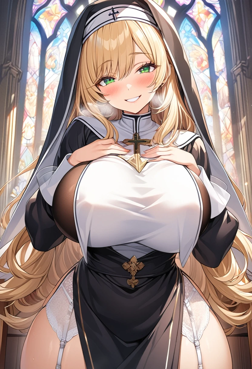 masterpiece, Highest quality, Official Art, Highly detailed CG Unity 8k wallpaper, Detailed Background, (Handcrafted by Guido Daniele), (Finger details), Mature Woman1, (Curvy), (Nuns), (standing in church), (Nuns gown:1.12), (Chest curtain:1.4), (Nuns skirt:1.11), (White Garter Straps Garter Belt:1.12), (Blonde long hair:1.12), (Hair intake:1.12), (Green Eyes:1.2), blush, (Loving smile, holy smile), ((Huge breasts:1.5、Sagging breasts:1.5、Long Breasts:1.3、sagging breast:1.5)), Tight waist, Shiny skin, (Cross Necklace), indoor, (Sacred Scene), (church:1.11), (Sunlight streaming through stained glass),Mature Woman、((sit、足を広げてsit))、Monastic Clothes、White panties、Photographed from diagonally in front、Confessional Pose、Clasp your hands in front of your chest、Close-up photo of the chest、naughty face、heavy breathing、breast focus、Provocative smile