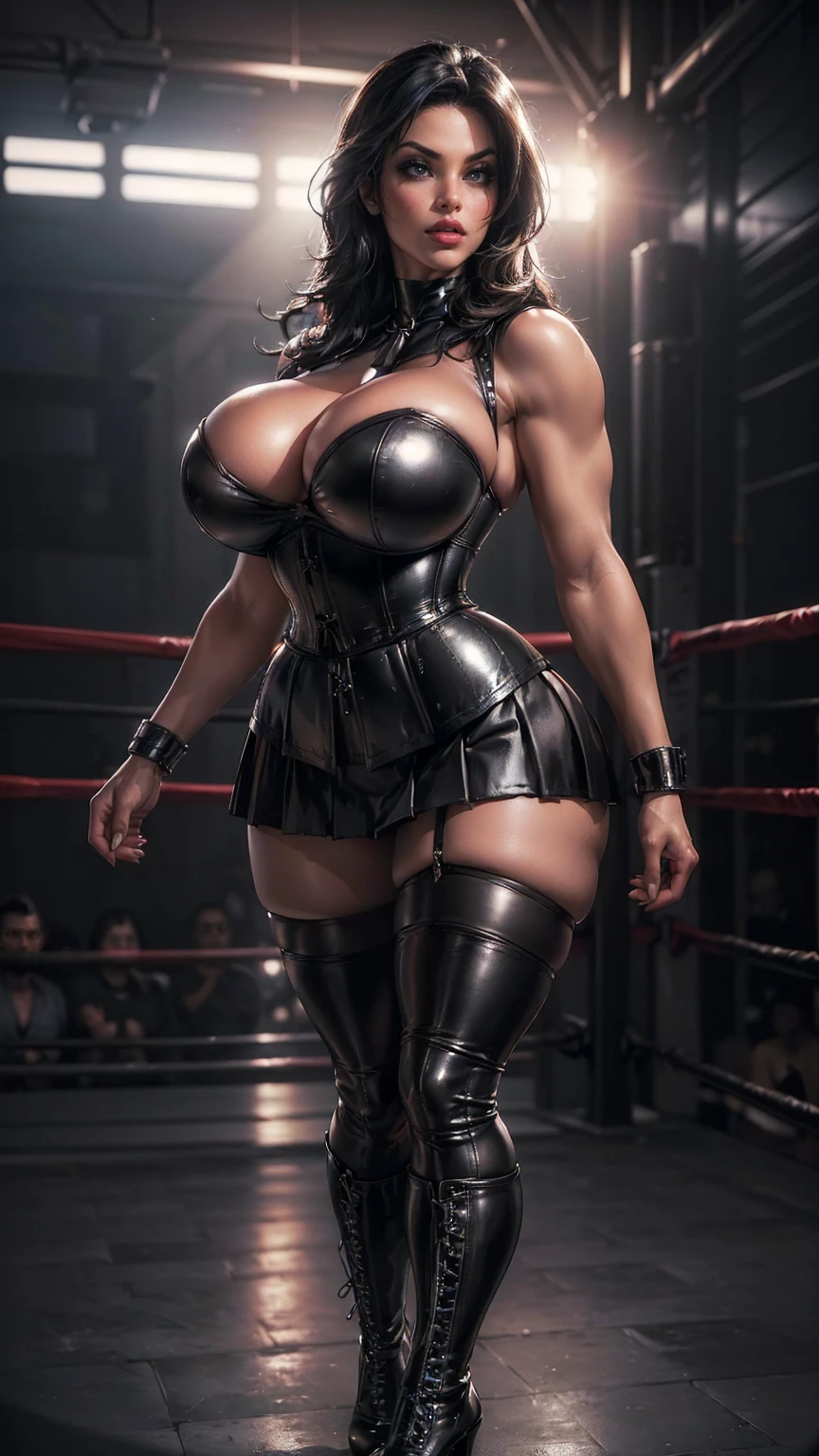 (best quality,highres:1.2), (ultra-detailed), (realistic:1.37), (HDR,UHD), (physically-based rendering), (busty mature Denise Milani), beautiful supermodel face, ((black leather pleated skirt:1.3)), ((black leather corset:1.3)), ((short stiletto-heeled combat boots)), (stylish jet-black hair), ((firm breasts, deep cleavage, perfectly round breasts)), ((thicc, thick thighs:1.4)), ((wide calves, thick strong calves:1.5)), (intimidating pose in a boxing ring), (full-body portrait), (vivid colors), (nylon stockings:1.3), (hot red lips, makeup:1.3), sexy fighter, prominent breasts, rock solid breasts, (full body portrait:1.3), big_boltedontits, boltedontits, th3p1t, sakimichan,