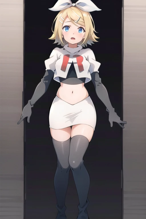 masterpiece, best quality, absurdres, perfect anatomy, 1girl, solo, Kagamine Rin, short hair, bow, team rocket,team rocket uniform,white skirt,red letter R,crop top,black thigh-highs,black elbow gloves