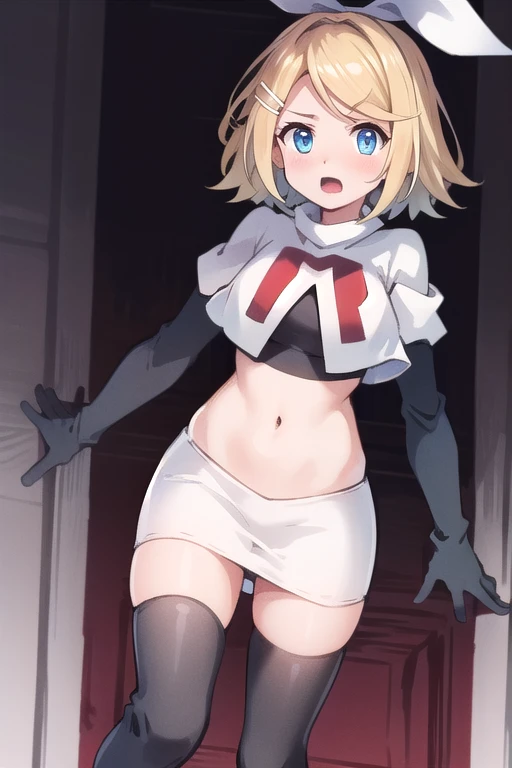 masterpiece, best quality, absurdres, perfect anatomy, 1girl, solo, Kagamine Rin, short hair, bow, team rocket,team rocket uniform,white skirt,red letter R,crop top,black thigh-highs,black elbow gloves