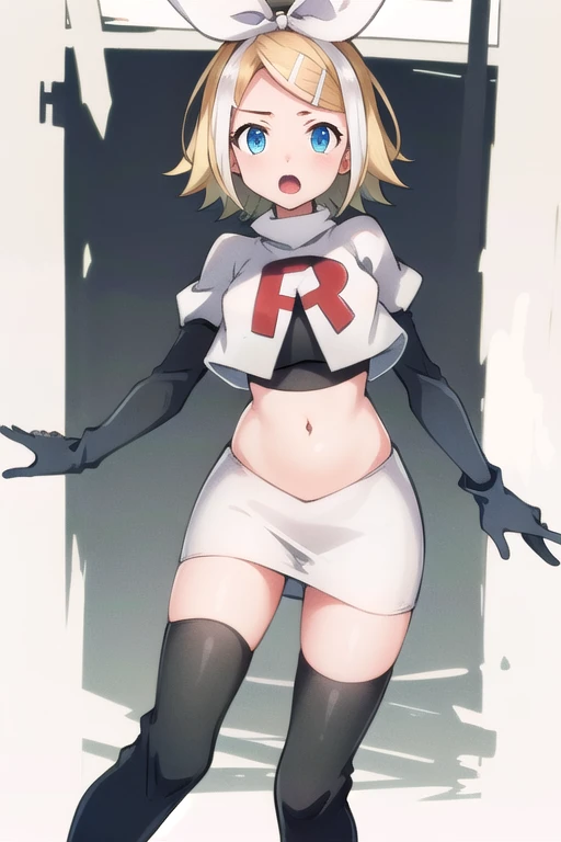masterpiece, best quality, absurdres, perfect anatomy, 1girl, solo, Kagamine Rin, short hair, bow, team rocket,team rocket uniform,white skirt,red letter R,crop top,black thigh-highs,black elbow gloves