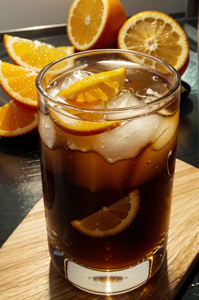 glass of guarana sweating with ice and gas bubbles and orange slice