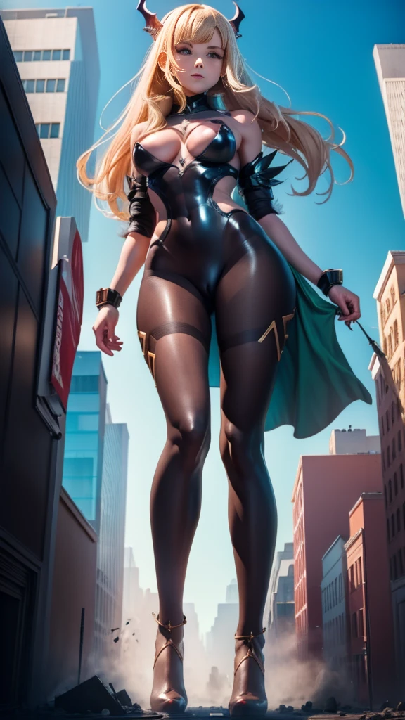 A colossal giantess succubus walks into a tiny city, breaking the floor and everything with her heels, she looks down and mocks you as you see him from below her tiny tits, full bodysuit  and long legs covered all in transparent pantyhose, look down, evil, better quality, close, photo under her, destruction, caos, tiny people, tiny humans, blood