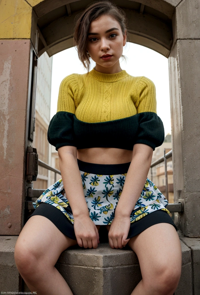 A captivating and surreal photograph, captured from an impressive perspective, features a confident girl with arms and legs, sitting on a massive stamp and driving another one. The girl's attire showcases the latest André style, wearing a colorful mini-skirt made of vibrantly colored stamps, creating a whimsical and yet sophisticated look. The background skillfully blends urban and natural elements, with towering stamps and lush greenery connecting both worlds and creating a unique atmosphere.