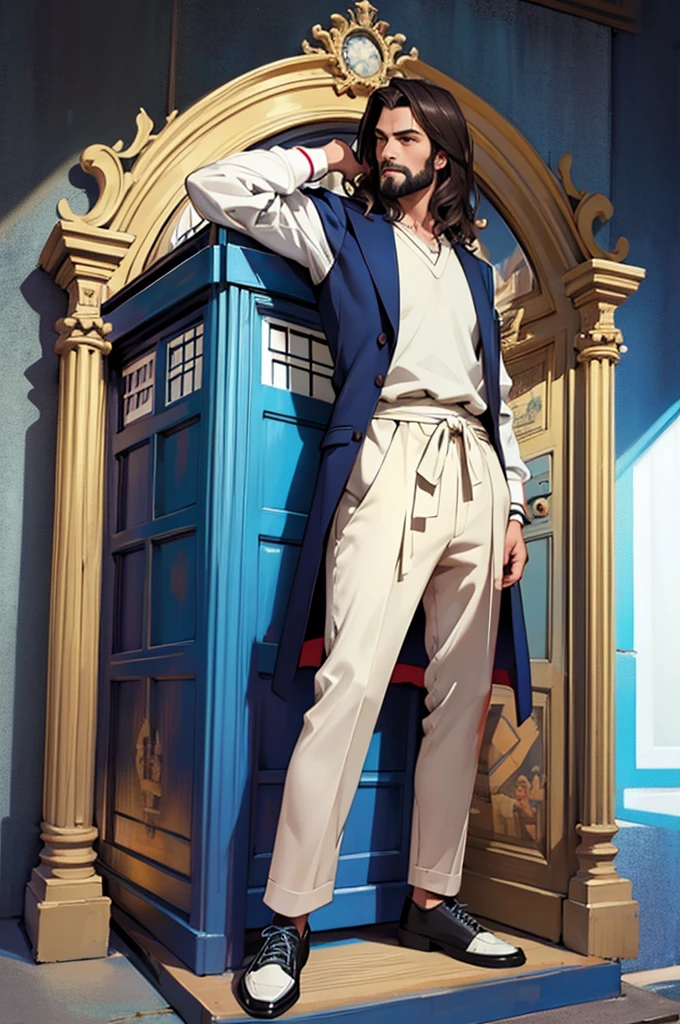 (masterpiece),(Very detailed),(Very detailed),(best quality) fullbody, Jesus with a TARDIS