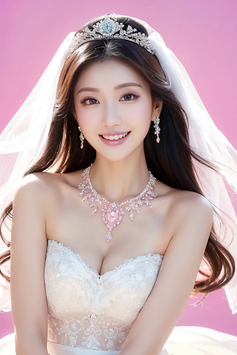 (Highest quality、Tabletop、8K、Best image quality、Award-winning works)、One beautiful bride、(alone:1.1)、(The most extravagant and gorgeous huge pure white wedding dress:1.1)、(Perfect Wedding Lace:1.2)、(The most gorgeous and luxurious giant tiara:1.1)、(The most extravagant and luxurious giant necklace:1.1)、Look at me with your best smile、The finest jewellery decoration、Perfect Makeup、Long eyelashes、Ultra HD Shining Eyes、Ultra HD Hair、Ultra-high resolution glossy lips、Ultra High Resolution Perfect Teeth、Super high resolution beautiful face、(Accurate anatomy:1.1)、Very bright and beautiful skin、very bright and vivid、Perfect beautiful bridal hairstyles、(Front facing body:1.1)、(Solid pink background:1.2)