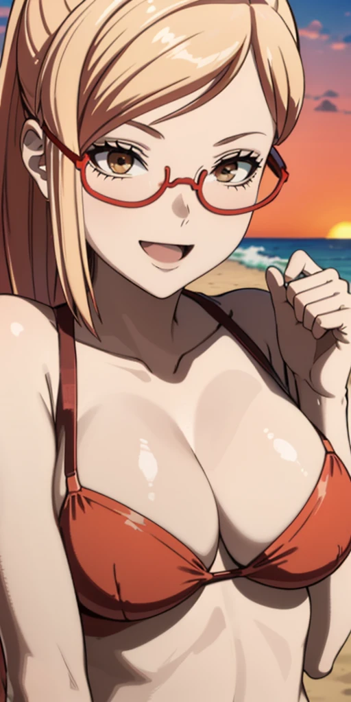 (Best quality:1.3), big breasts, naked, red glasses, smiling, beach background, (close-up, sexual, Erotic), orange sky