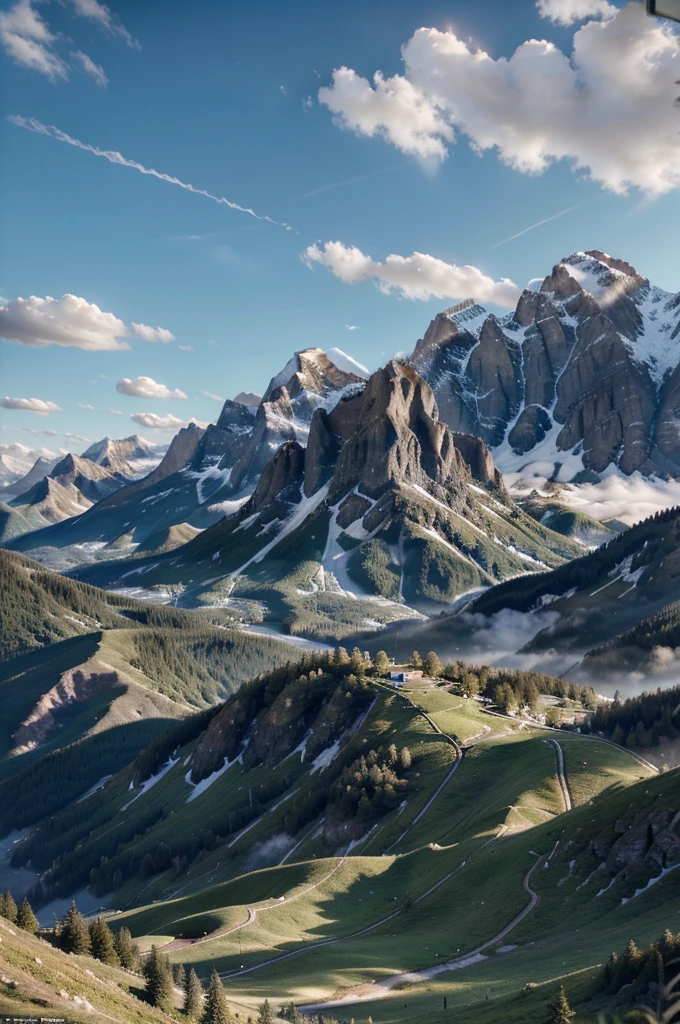 Mountains and sky blends with few clouds sunshine rays make fantastic scenery, realistic, beautiful detailed