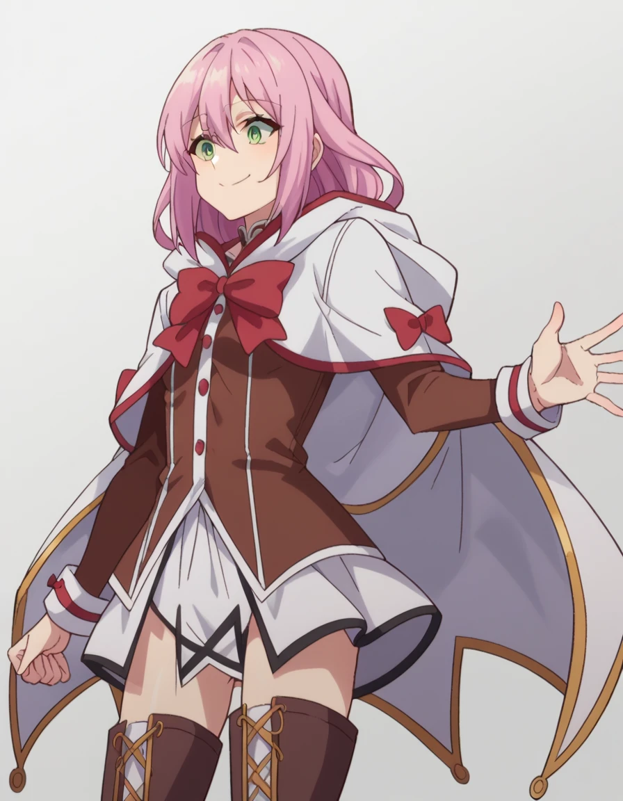 score_9, score_8_up, score_7_up, source_anime, nornclatalissajioral, norn clatalissa jioral, long hair, hair between eyes, green eyes, pink hair, long sleeves, dress, bow, red bow, hood, robe, white robe, simple background, smile, thigh high boots, man standing, cumming on boots, crotch_kick, cbt