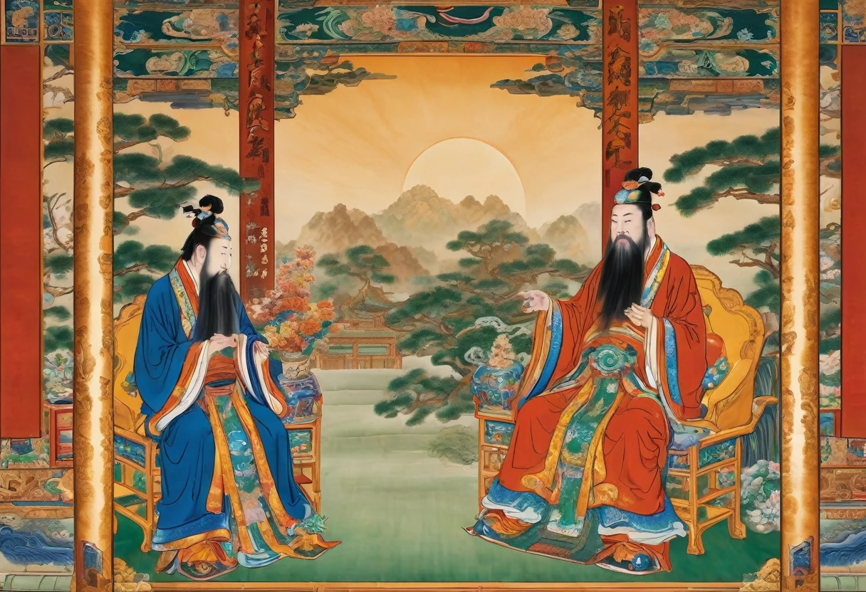 show 2 people, a jade Emperor seated on a magnificent golden throne in the heavenly realm looks down to a young farmer who is in simple clothing stands respectfully before him . Surround them with vibrant celestial flora under a soft, golden light, symbolizing the sacred nature of the encounter.