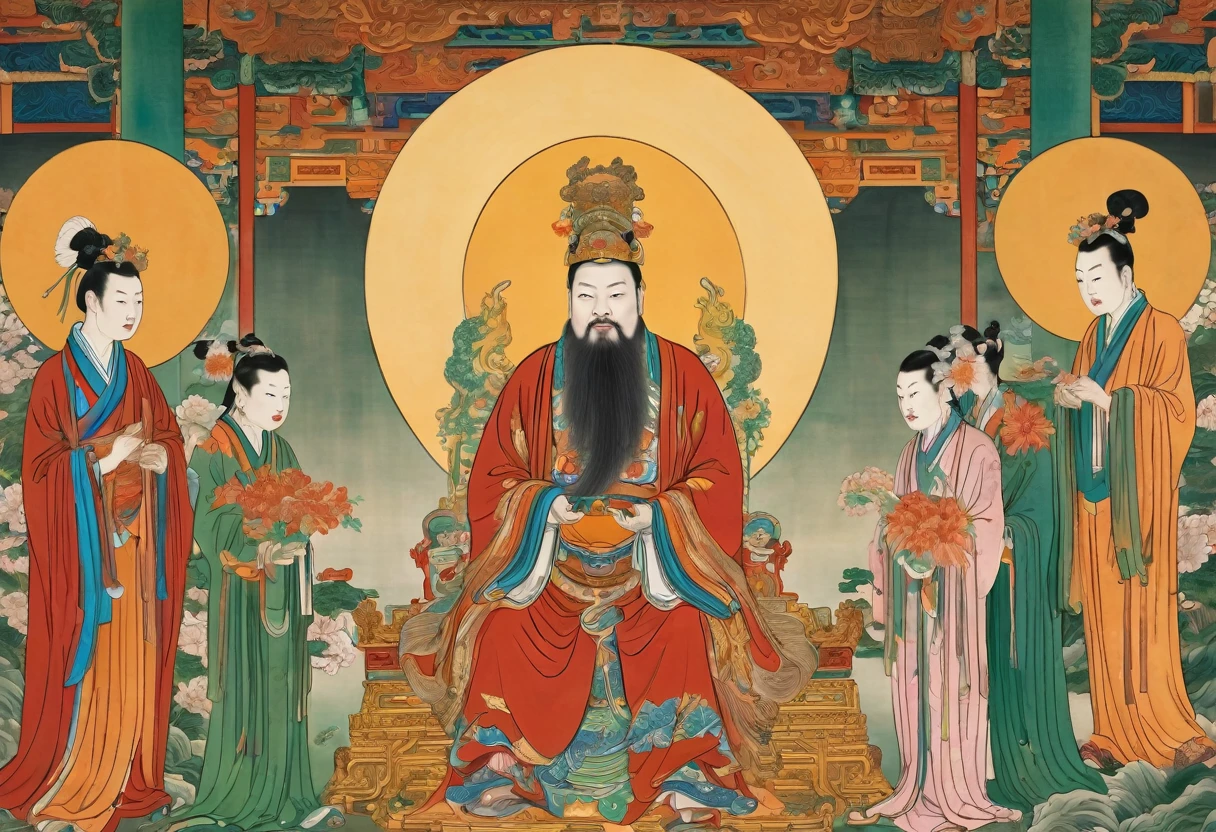 show 2 people, a jade Emperor seated on a magnificent golden throne in the heavenly realm looks down to a young farmer who is in simple clothing stands respectfully before him . Surround them with vibrant celestial flora under a soft, golden light, symbolizing the sacred nature of the encounter.