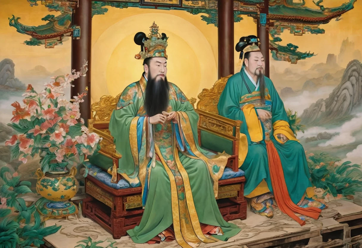 show 2 people, a jade Emperor seated on a magnificent golden throne in the heavenly realm looks down to a young farmer who is in simple clothing stands respectfully before him . Surround them with vibrant celestial flora under a soft, golden light, symbolizing the sacred nature of the encounter.