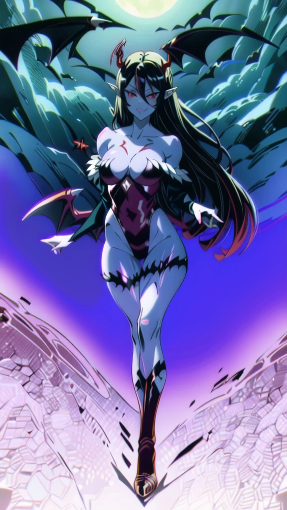 1girl,mature female,30s,sensual,black langerie,cleavage,medusa hair,pointy ears,black hair,long hair,((red skin,colored skin)),night,moon,floating,evil smile,dynamic pose,demon girl