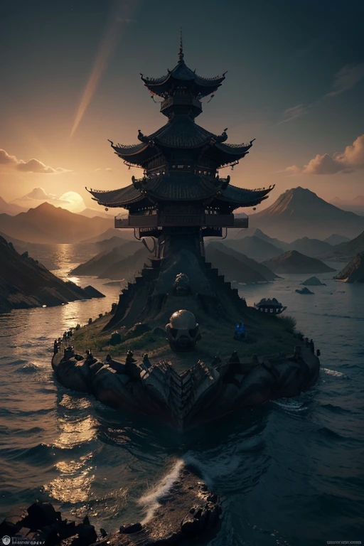 a dragon tattoo on a floating skull-shaped island, oriental style, cinematic lighting, dramatic composition, mist, waves, epic fantasy, intricate details, warm color palette, digital art, concept art, highly detailed, 8k, photorealistic, masterpiece
