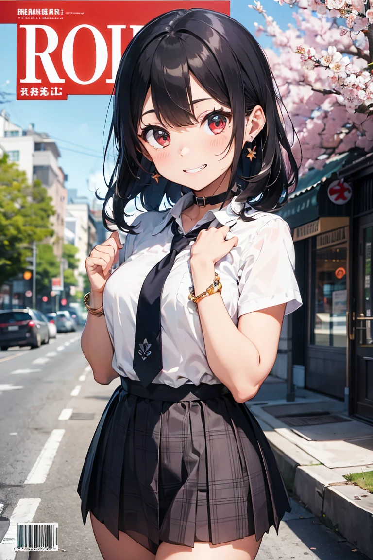 masterpiece, Highest quality, whole body,
One girl, bangs, black choker, black tie, Blonde, blue skirt, blush, bracelet, chest, choker, clothes The surrounding area waist, clavicle, collared shirt, Cowboy Shot, dress shirt, ear Earrings, Eyebrows visible through hair, Gradient Hair, Grin, Improve, jewelry, Kogal, Long Hair, View your viewers, loose tie, tie, Earrings, Plaid, Plaid skirt, pleated skirt, Red eyes, ring, , shirt, skirt, smile, alone, white shirt,
street, null, cherry blossoms, petal,figure, (magazine:1.3), (cover-style:1.3), fashionable, woman, Vibrant, Costume, Pause, front, colorful, dynamic, background, element, have confidence, Performance, Holding, statement, accessories, Majestic, Coiled, The surrounding area, touch, scene, article, cover, bold, to attract attention, title, stylish, font, Catchy, Heading, big, impressive, Modern, trend, concentrated, fashion,