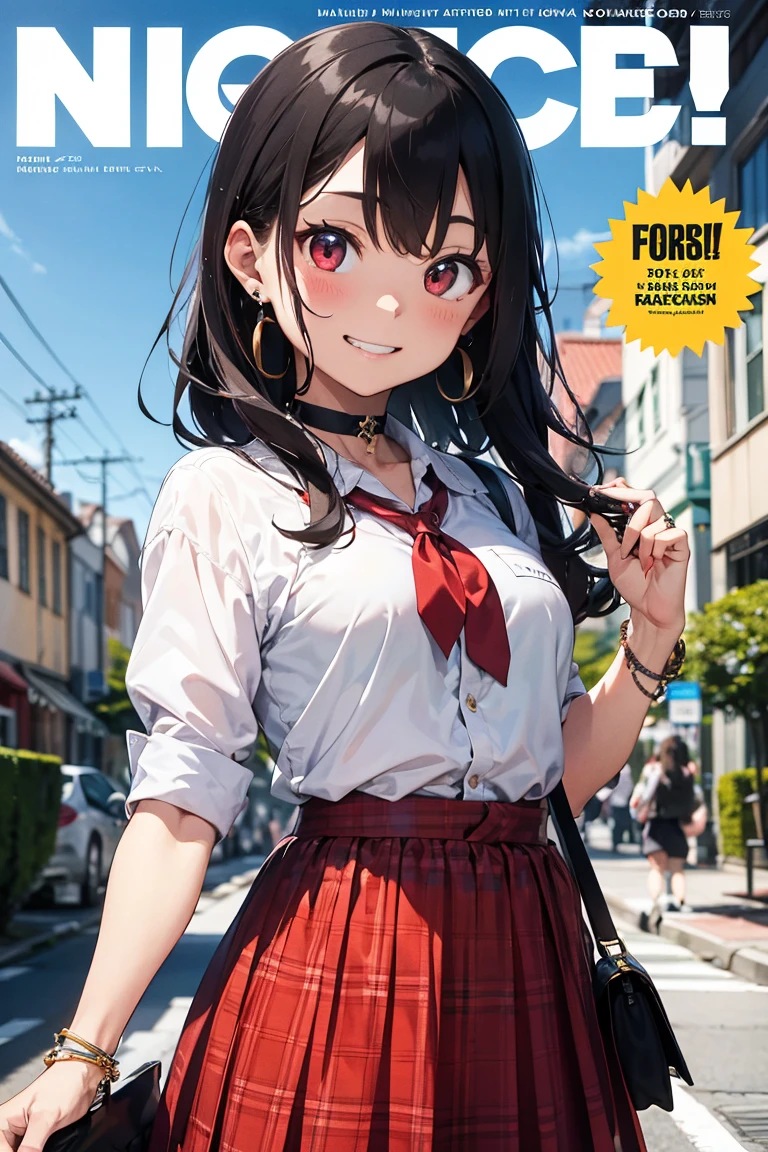 masterpiece, Highest quality,  whole body,
One girl, bangs, black choker, black tie, Blonde, blue skirt, blush, bracelet, chest, choker, clothes The surrounding area waist, clavicle, collared shirt, Cowboy Shot, dress shirt, ear Earrings, Eyebrows visible through hair, Gradient Hair, Grin, Improve, jewelry, Kogal, Long Hair, View your viewers, loose tie, tie, Earrings, Plaid, Plaid skirt, pleated skirt, Red eyes, ring, , shirt, skirt, smile, alone, white shirt,
street, null, cherry blossoms, petal,figure, (magazine:1.3), (cover-style:1.3), fashionable, woman, Vibrant, Costume, Pause, front, colorful, dynamic, background,  element, have confidence, Performance, Holding, statement, accessories, Majestic, Coiled, The surrounding area, touch, scene, article, cover, bold, to attract attention, title, stylish, font, Catchy, Heading, big, impressive, Modern, trend, concentrated, fashion,