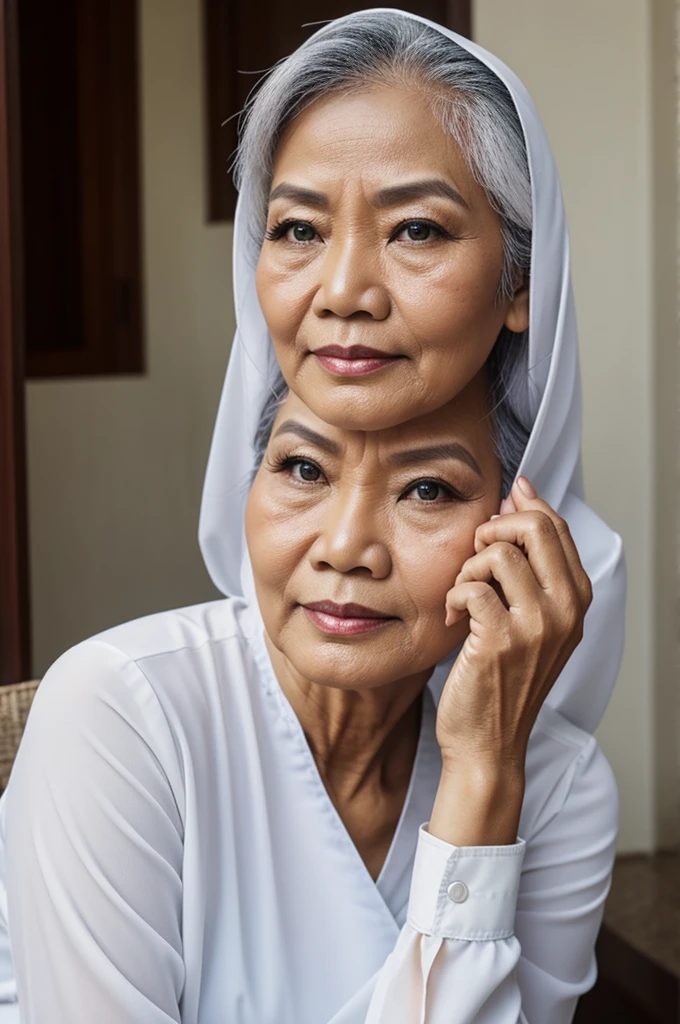 white indonesian with makeup filter, chin on her palm, around her 50’s, weighs 75kg