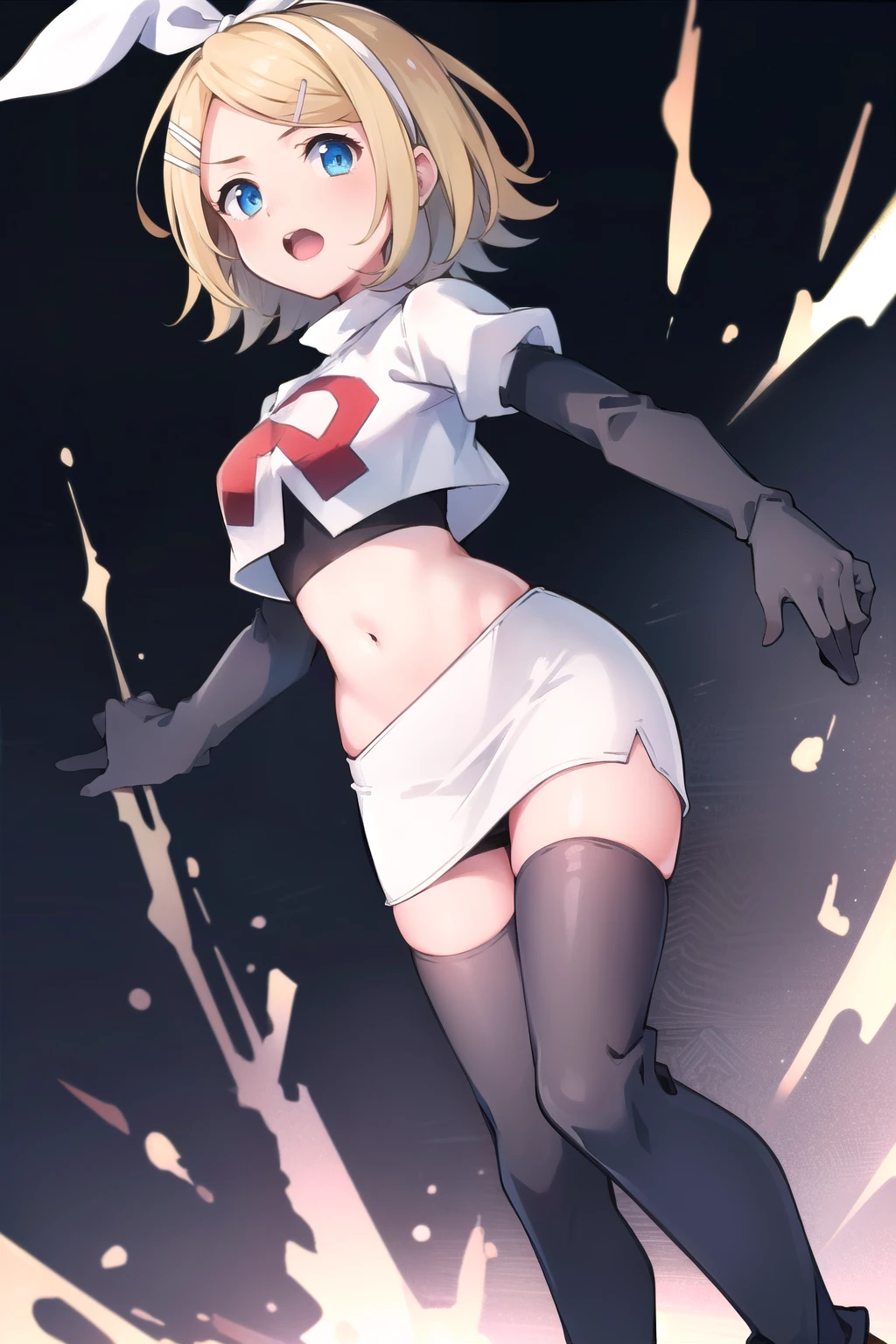 masterpiece, best quality, absurdres, perfect anatomy, 1girl, solo, Kagamine Rin, short hair, bow, team rocket,team rocket uniform,white skirt,red letter R,crop top,black thigh-highs,black elbow gloves