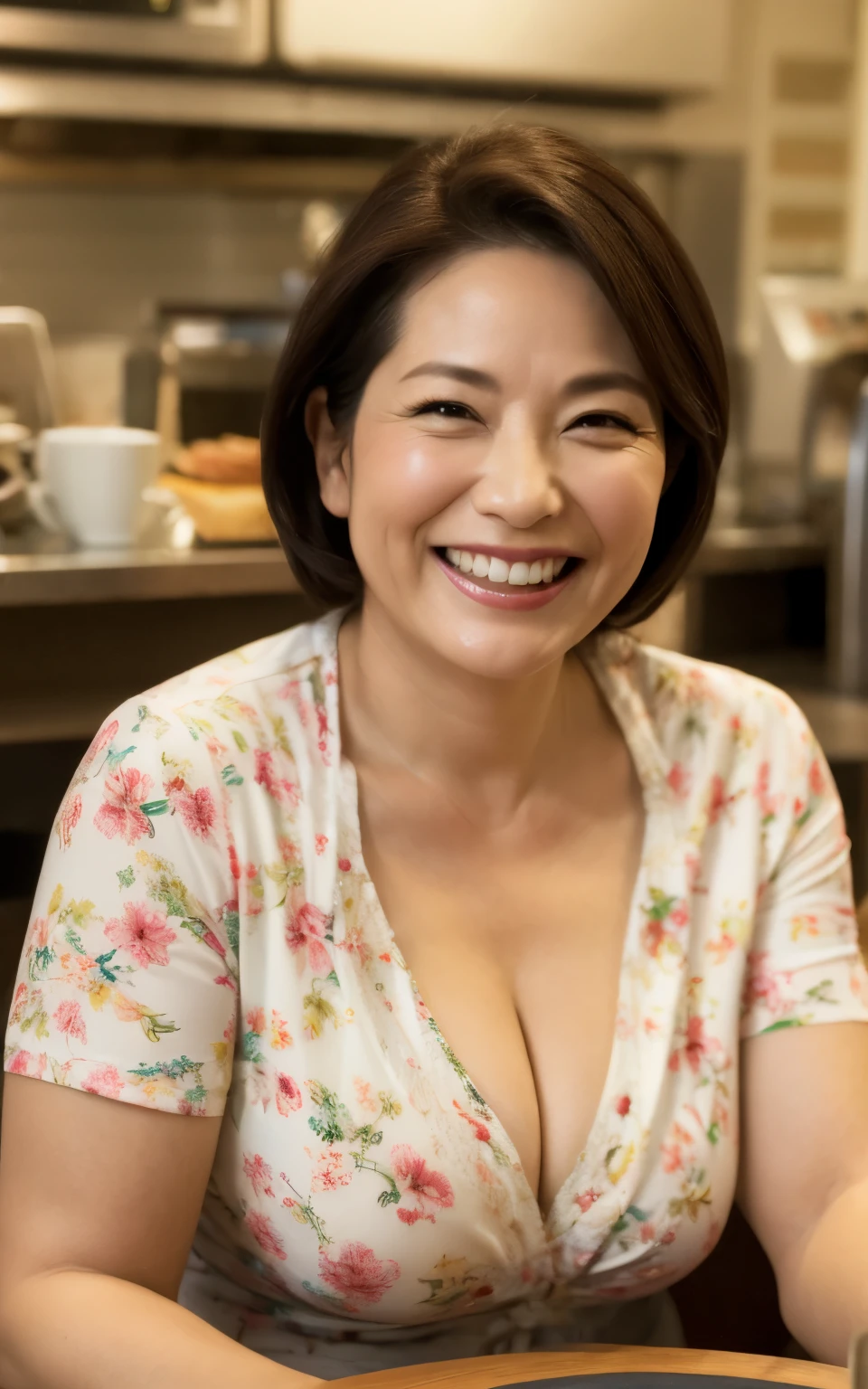 8k wallpaper, masterpiece, Highest quality, Super detailed, One Mature Woman, 50 years old, Become very clear, Wearing a spring-like shirt, Skin dents, Captivating smile, Looking at the audience, Cleavage, plump, Curvaceous, Fascinating face, Smiling with teeth showing, I was happy, Sitting in a cafe, Background Blur