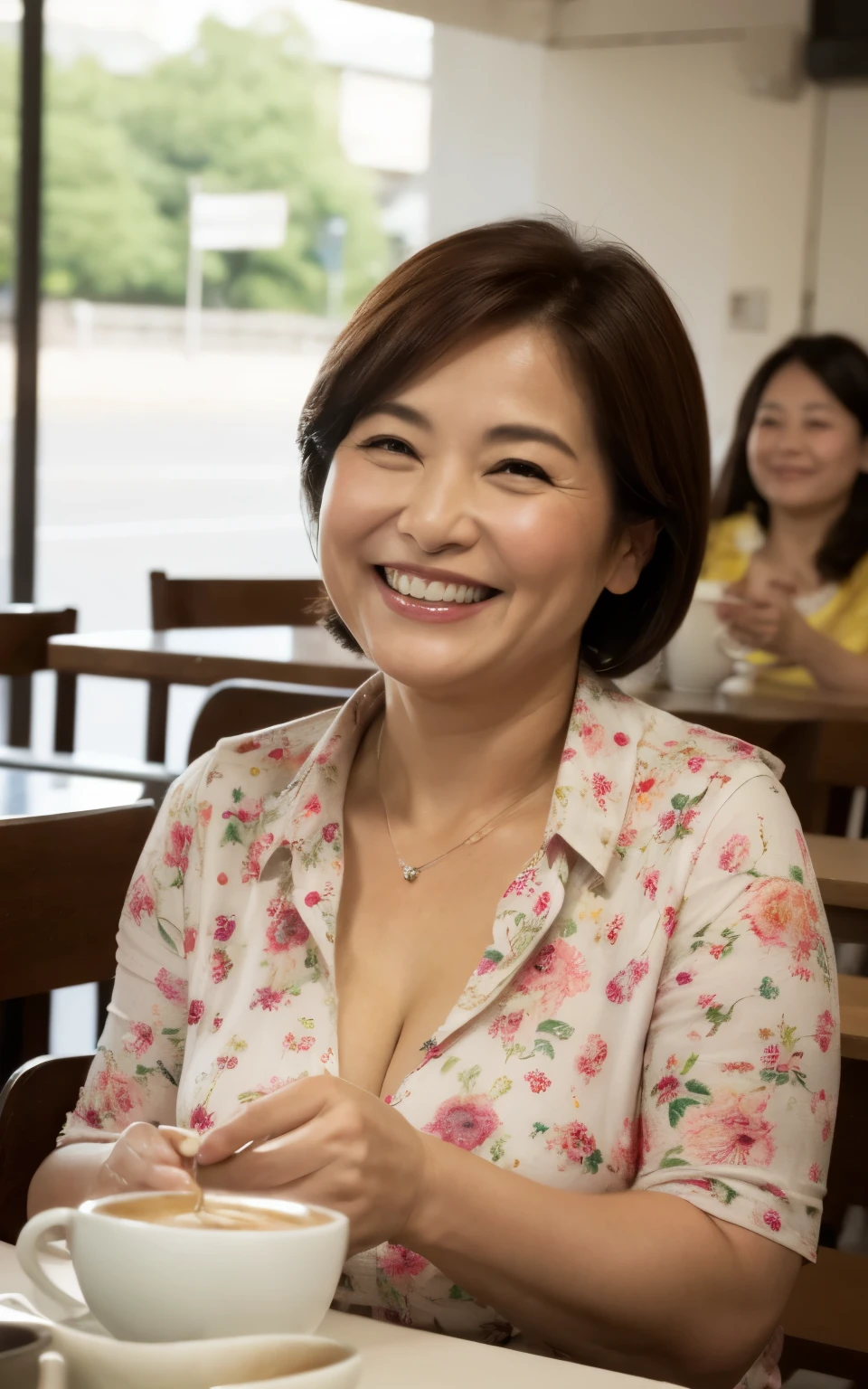 8k wallpaper, masterpiece, Highest quality, Super detailed, One Mature Woman, 50 years old, Become very clear, Wearing a spring-like shirt, Skin dents, Captivating smile, Looking at the audience, Cleavage, plump, Curvaceous, Fascinating face, Smiling with teeth showing, I was happy, Sitting in a cafe, Background Blur
