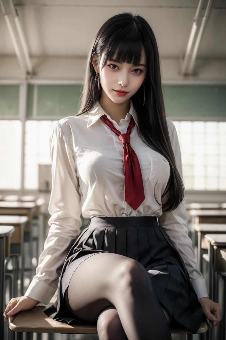 ((crossed legs:1.5)),Ultra-high resolution、(((Blunt bangs, Princess Bang))), (((Very heavy,Voluminous bangs:1.1))),(((very length, Very heavy,Very voluminous side locks:1.1))),, Princess Cut, Straight bangs hairstyle, Round face with Blunt bangs, length, Glossless hair、Bangs cut straight,(masterpiece, Highest quality:1.5), (ultra detailed 8k cg:1.4), (hyperRealistic:1.25), (PhotoRealistic:1.25), (Realistic:1.4), Cowboy Shot, (One from the front.4), (smile1.3), Beautiful Japanese Girl, 12 years old, Supermodel, Japanese Idols, (smile), Big Breasts, Sweat、(school uniform:1.5)、(sitting on a chair in the classroom)、Accentuate your cleavage:1.5、Black Hair:1.2、Full body image、((Real person:1.5))、(pantyhose:1.2)、((from below:1.5))