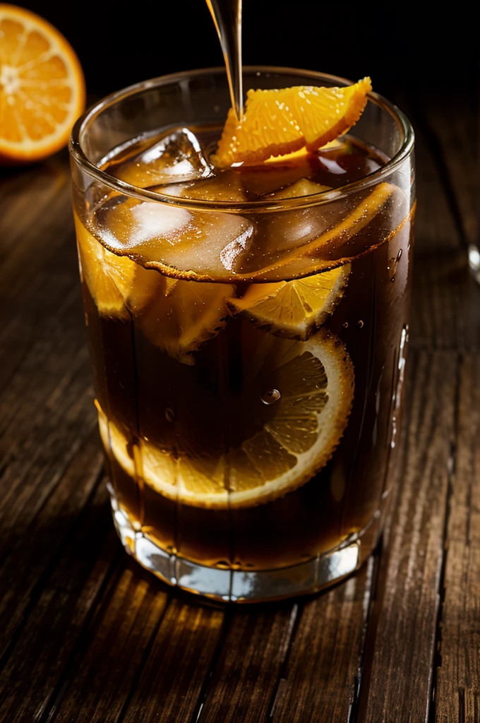 glass of coke sweating with ice and gas bubbles and orange slice