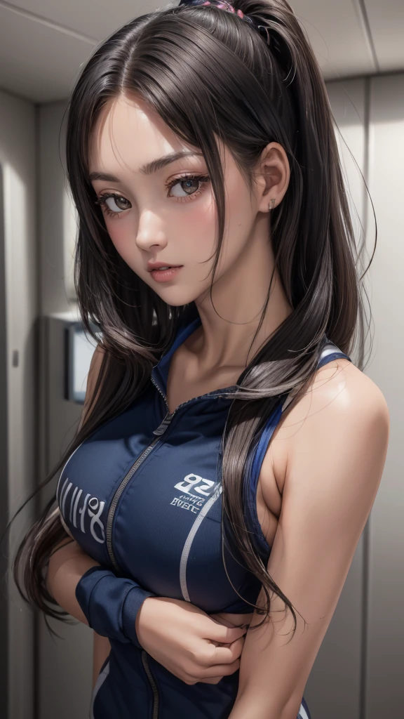 locker room,track suit,(Thin type:1.5),(large breasts),(random hairstyle),(Highest image quality,(8K), Ultra-realistic, Best Quality, High quality, High Definition, high quality texture, high detailing, Beautiful detailed, fine detailed, extremely details CG, Detailed texture, realistic representation of face, masterpiece, presence)