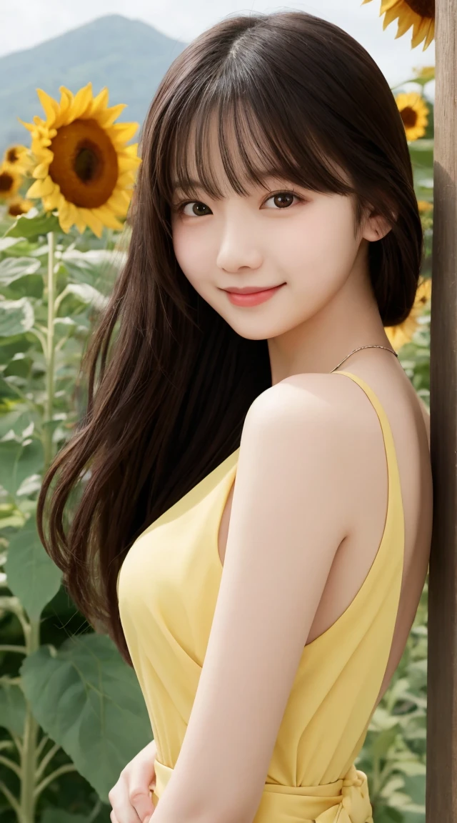 Tabletop, Highest quality, Very detailed, In detail, High resolution, 8k wallpaper, Beautiful big eyes,Black-haired、, Slender body、爽やかなsmile、Shows the whole body down to the waist、Very beautiful face,Very well-formed face、With sunflowers in the background、Beautiful girl wearing a sleeveless dress、smile、