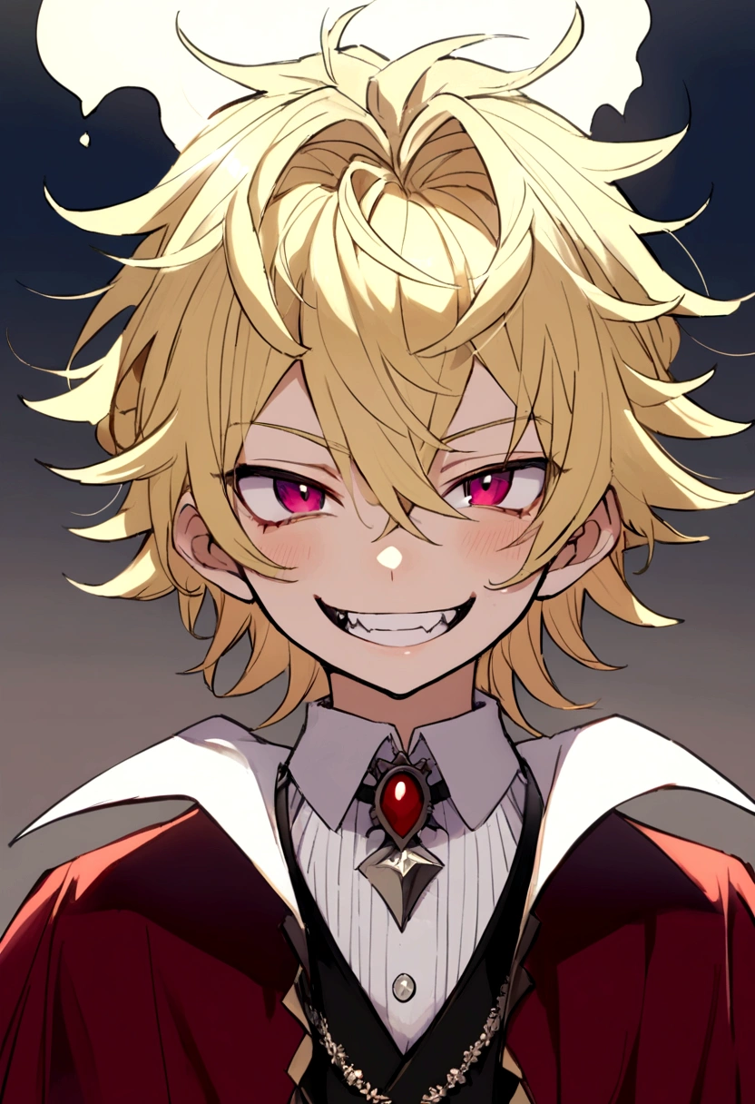 Anime,boy,cute face, Blonde hair, pretty, Vampire tooth, with blue ,Messy hair