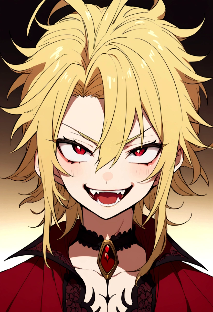 Young guy, long blonde hair, red eyes, red open shirt, open chest, smirk, masterpiece, high quality