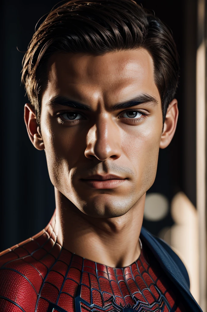 A photograph of Spider-Man., sin mascara, the 20s, elegant, detailed face, looking to the camera, portrait, 8k hd, high quality