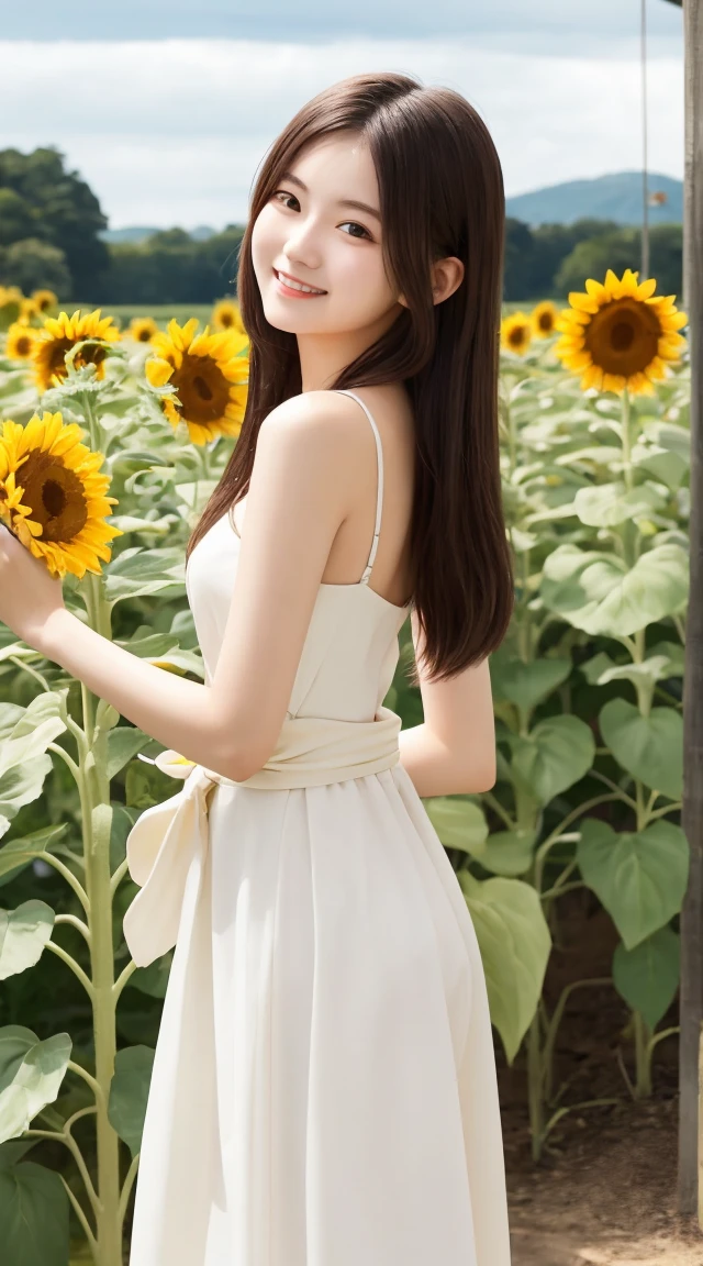 Tabletop, Highest quality, Very detailed, In detail, High resolution, 8k wallpaper, Beautiful big eyes,Black-haired、17 years old, Slender body、爽やかなsmile、Shows the whole body down to the waist、Very beautiful face,Very well-formed face、With sunflowers in the background、Beautiful girl wearing a sleeveless dress、smile、