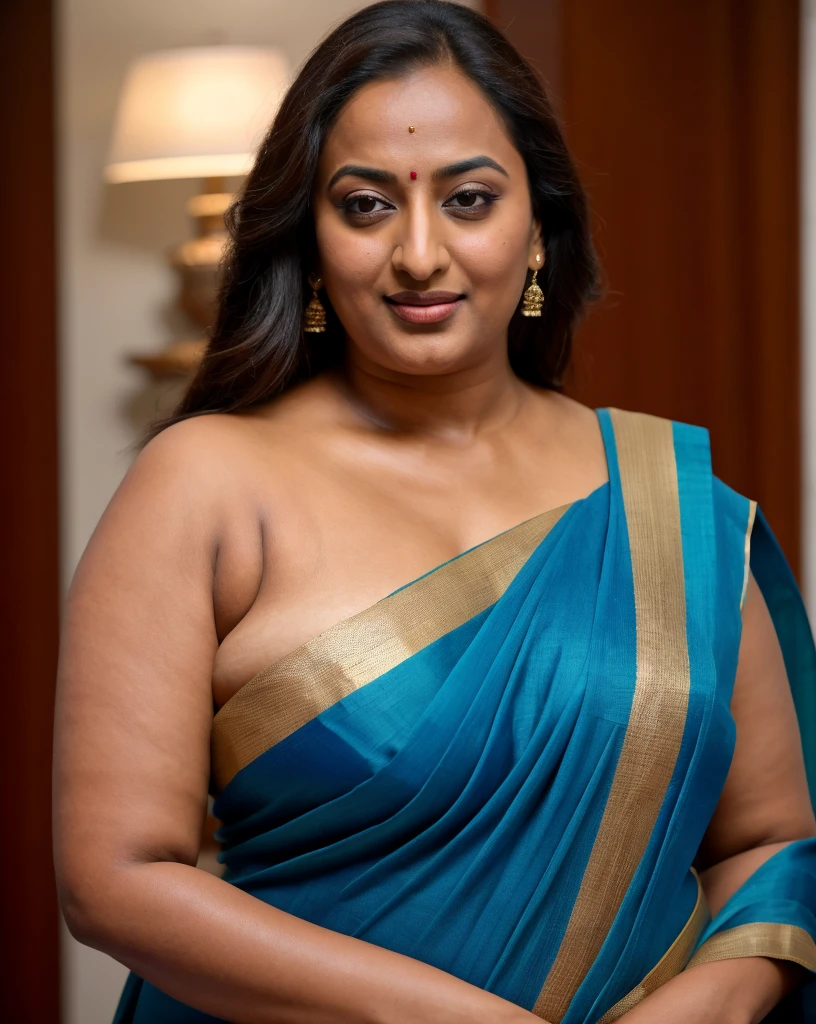 Foto RAW, photorealistic, photography, full body shot, 50 years old Woman, master shot, perfect eyes, goddess like beauty, pierced eyes, perfect thick chubby mallu Desi aunty bhabhi, Wearing a Stanapatta, a chest-band.Saree model, model Photography, Indian saree shoot, Indian traditional wear advertising photography, traditional wear brand shoot, face of Indian actress Sonakshi Sinha, masterpiece, realistic, realism, incredible details,  pleasure, photorealism, detailed skin, skin pores, high contrast, photorealistic Artstation 8k HD digital art trend of high definition and detailed realistic skin texture, ultra detail, realistic skin texture, armature, best quality, ultra high definition, (photorealistic:1.4),, high resolution, detail, raw photo, sweat, Re sharp, by Lee Jefferies Nikon D850 Film Stock Photo 4 Kodak Portra 400 Camera F1.6 Lens Rich Color Ultra Real Realistic Realistic Textures Dramatic Lighting Unreal Engine Trending at Art Station Cinestill 800,(pele altamente detalhada: 1.2), 8k UHD, DSLR, soft-lighting, alta qualidade, grain of film, Fujifilm XT3,she didn't like to wear blouse or bra, she is happy to wear only saree, she hates blouse or bra, detailed hairy armpits, hyper realistic skin, skin pores, sweat, veins, 
