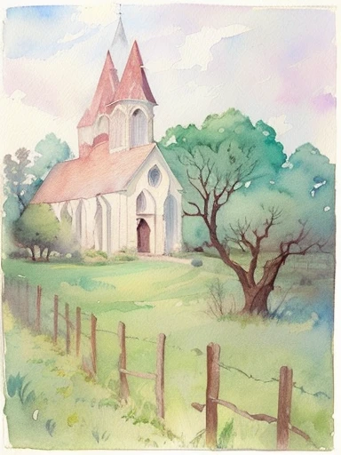 painting of a church in a field with a fence and trees, rough watercolor painting, inspired by Charles E. Burchfield, a watercolor painting, fantasy water color, watercolor sketch, watercolored, inspired by J. W. Tristram, inspired by Alexandre Benois, haunted painting, silent hill landscape, fantasy watercolor, an ecological gothic scene, southern gothic scene