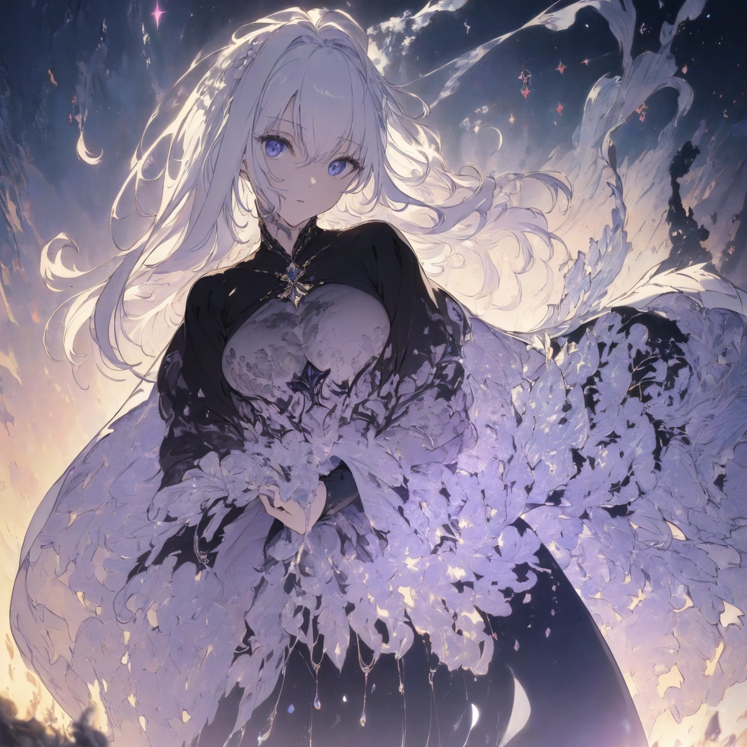 (Landscape photo, with a woman in the bottom right of photo:1.5, in white waterfront:1.5), Masterpiece, best quality, (very detailed CG unity 8k wallpaper), (best quality), High definition RAW color art, Animation,sculptures, (black Marble Skin), (((Ultra detailed elegant))), Magical atmosphere, Detailed skin, Texture,(Intricately detailed, Fine detail, ultra-detail art), depth of fields, Bokeh, Silky Touch, Hyper Detail, beautiful eyes, elegant face, (upper body focus, squating:1.3), sparkle background, enormous breast:1.3, (silver hair), pure white, pose, muscle, rose,  ドラマチックな光, pastel purple