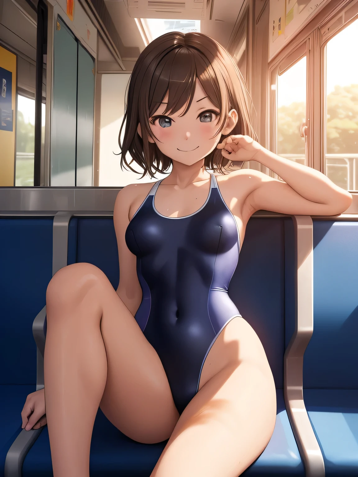 (masterpiece)), 8k wallpaper,alone, Watanabe Yo, sitting in a train seat, Smiley, Wearing only a basic swimsuit and pumps, The swimsuit is a tank top type with no decoration on the shoulders., The swimsuit has a high-cut waist and is a leotard type. The surface of the swimsuit is smooth.、There's a vibrator in the swimsuit、Masturbating on the train、Eyes closed、Put your hands on your crotch and chest