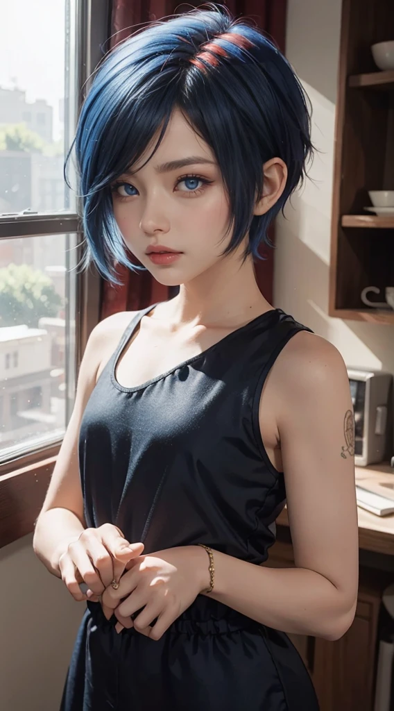 red and blue hair, pixie haircut, very short hair, Silky Hair, child&#39;s face、 (handmade:1.4), (penis:1.2),focus on penis, (naked tits covered in cum:1.3 NFV((after blowjob)), ((cum on face))、((colossal tits:1.3))、top quality、超High resolution、Picture、photo of a cute girl、Detailed, cute and beautiful face、(clean face_v1:0.008)、Beautiful bang、Alice in the Wonderland、14 years、white shiny skin、bang、Attractive beautiful crystal clear big blue eyes、white apron、White dress、without makeup, Wearing eye glasses,