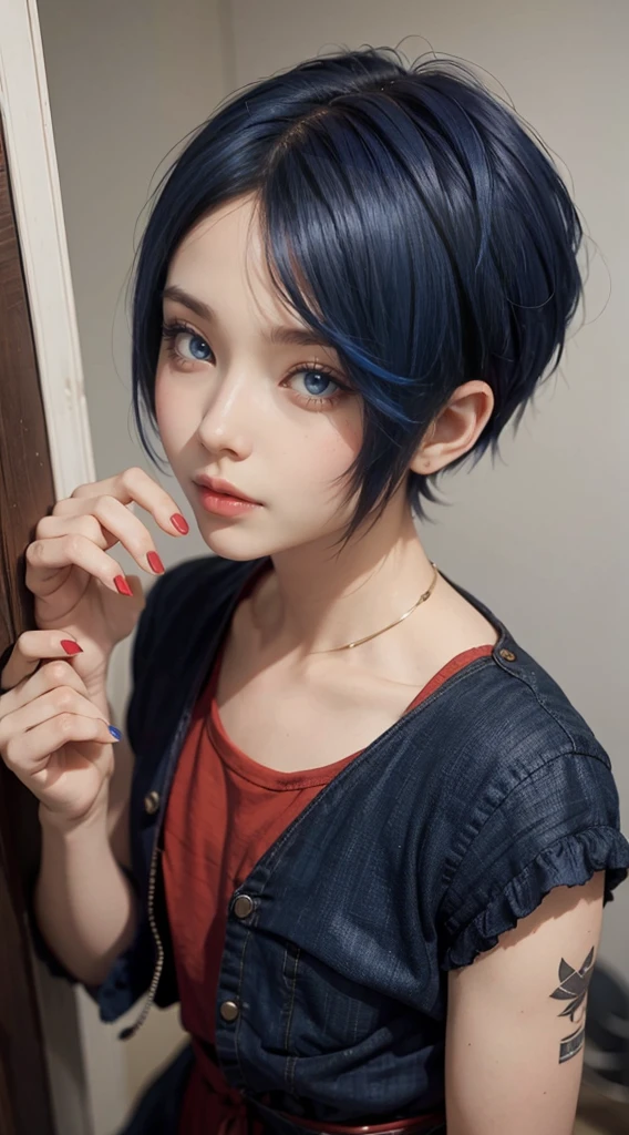 red and blue hair, pixie haircut, very short hair, Silky Hair, child&#39;s face、 (handmade:1.4), (penis:1.2),focus on penis, (naked tits covered in cum:1.3 NFV((after blowjob)), ((cum on face))、((colossal tits:1.3))、top quality、超High resolution、Picture、photo of a cute girl、Detailed, cute and beautiful face、(clean face_v1:0.008)、Beautiful bang、Alice in the Wonderland、14 years、white shiny skin、bang、Attractive beautiful crystal clear big blue eyes、white apron、White dress、without makeup, Wearing eye glasses,