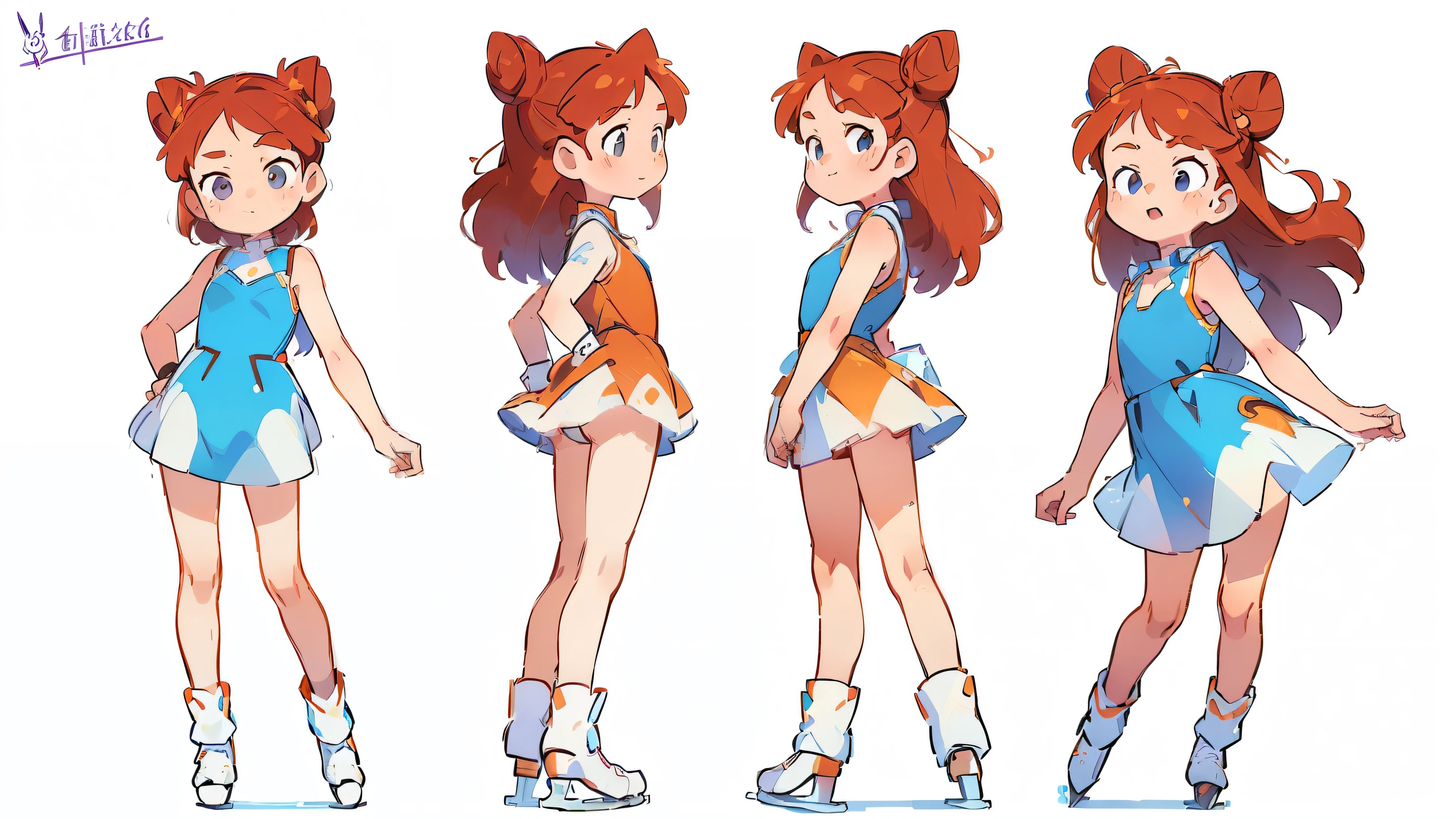 ((Best Quality)), ((Masterpiece)), ((Realistic)) 19 year old, redhead girl, armpit length hair, relaxed happy face ((slender)) (busty), ((( ice skater dress))) (((mini skirt))) ((sexy dress)) ((upskirt)) bun hairstyle, (((detailed character sheet, frontal view, side view, three quarter view))) (((white background))) 6 and a half heads full body