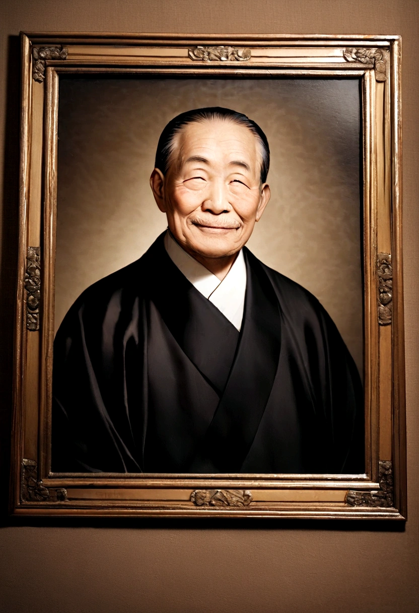 Wearing a black coat,Smile,Middle of the lens,The background is a traditional Chinese painting,Men have no beards,One hand on the chair,Wise old Chinese man,Center the photo,Character Center,sit,Real frontal photo,Face HD,The face is softly lit,Smile,The background is a bit dark,Dim indoor lighting,blur background,Light shines on the face from the front,Evenly illuminate the face,Medium shot,best quality,Photograph