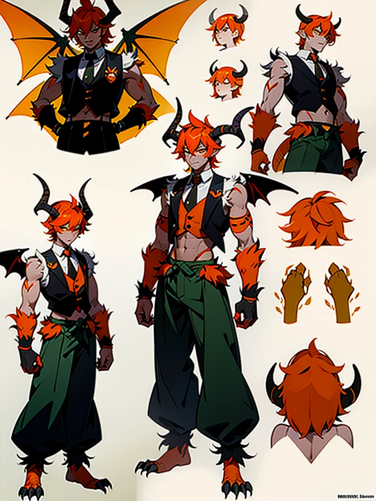 Reference sheet of a young man with orange hair, pointed furry ears, furry colorful limbs, two black horns, insectoid plates on chest and tummy, claws on hands, two dragon wings and tail in open vest and baggy pants with ornaments