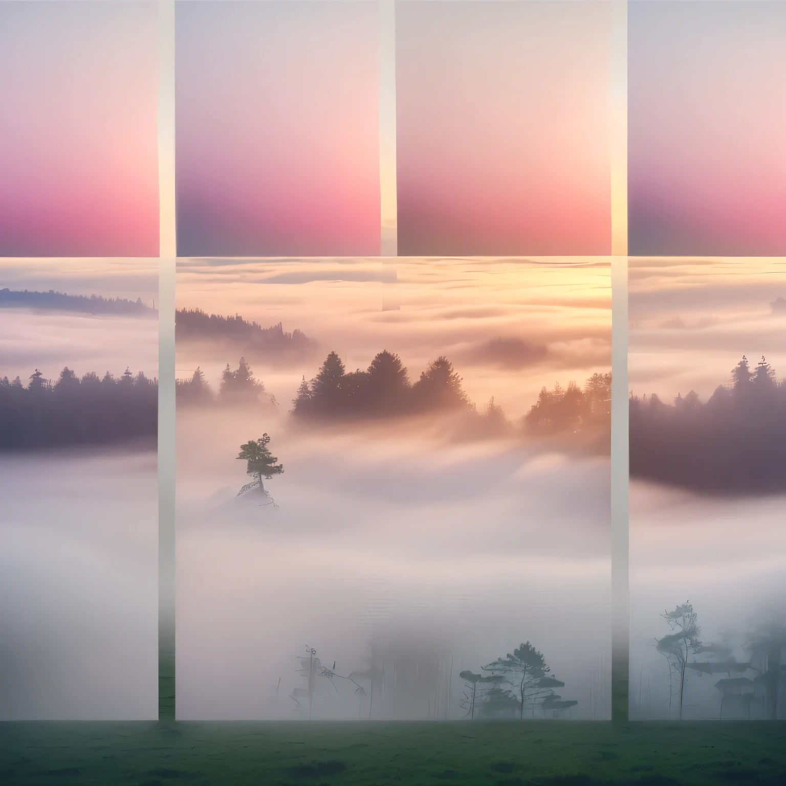 three panels of a painting of a forest with fog in the background, Distant Forest horizon, triptych, misty forest scenery, Forest on the horizon, Distant Forest, pink forest fog planet, layered fog, fog food mountain, dreamy sequence, misty forest, misty forest scene, Misty Forest, blankets from pockets of fog, grey forest in the background, matte landscape