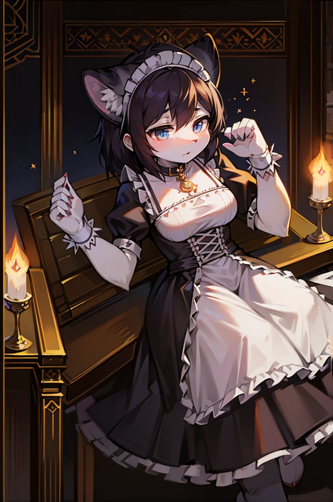 white tiger girl in french maid dress, she is a mage that uses tarot cards. She has black hair. She has black stripes on her fur.