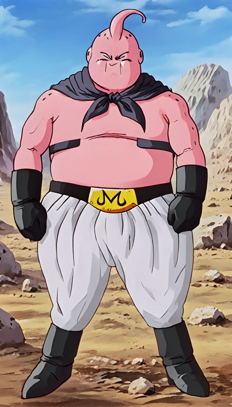 solo, majin buu, musclar,(angry:2),fighting,in wasteland,destroyed rock,(soft shading), 4k, hi res, ((detailed face, (detailed eyes:1.0), detailed)), (full body), looking at viewer, 1boy, upper body, male focus,white_pants,(topless:1.5),( shirtless:2),torn clothes,bare pectorals, fighting stance,