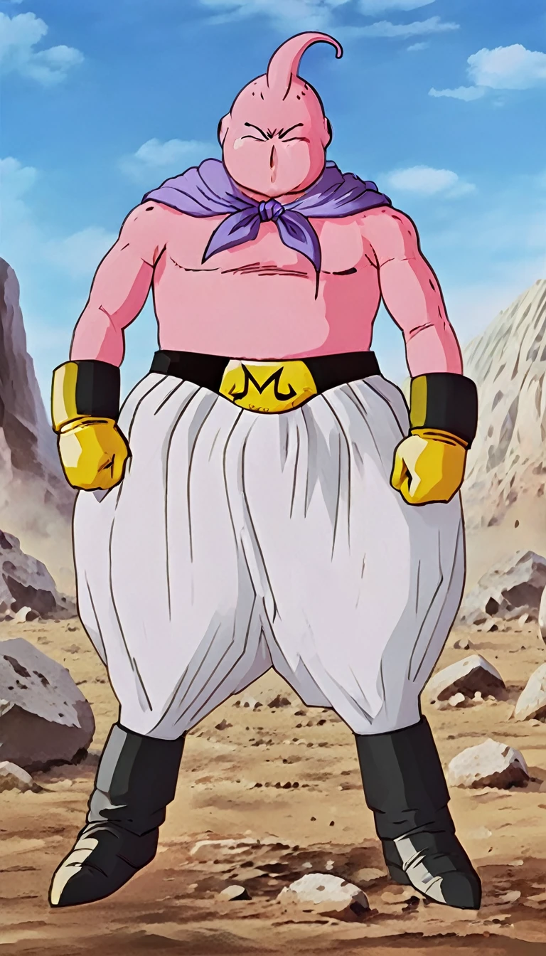 solo, majin buu, musclar,(angry:2),fighting,in wasteland,destroyed rock,(soft shading), 4k, hi res, ((detailed face, (detailed eyes:1.0), detailed)), (full body), looking at viewer, 1boy, upper body, male focus,white_pants,(topless:1.5),( shirtless:2),torn clothes,bare pectorals, fighting stance,