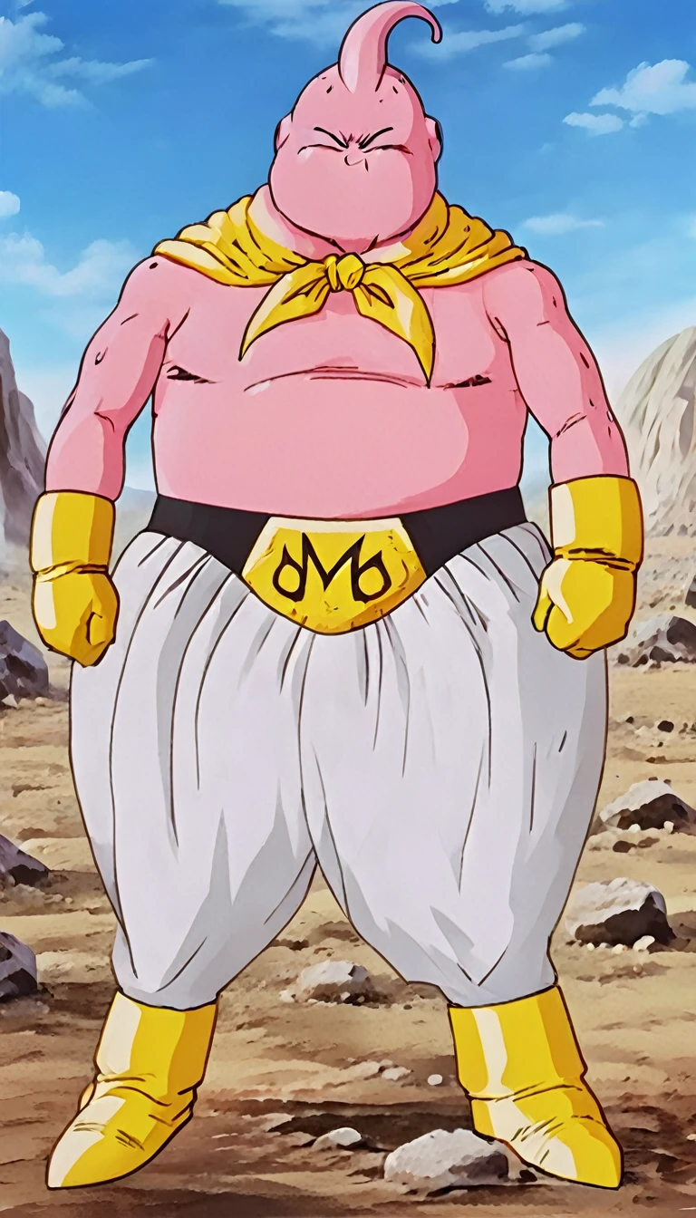 solo, majin buu, musclar,(angry:2),fighting,in wasteland,destroyed rock,(soft shading), 4k, hi res, ((detailed face, (detailed eyes:1.0), detailed)), (full body), looking at viewer, 1boy, upper body, male focus,white_pants,(topless:1.5),( shirtless:2),torn clothes,bare pectorals, fighting stance,