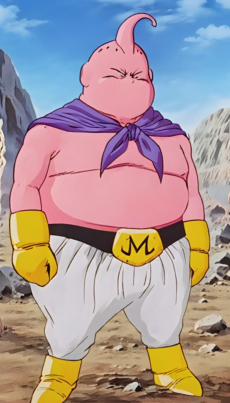 solo, majin buu, musclar,(angry:2),fighting,in wasteland,destroyed rock,(soft shading), 4k, hi res, ((detailed face, (detailed eyes:1.0), detailed)), (full body), looking at viewer, 1boy, upper body, male focus,white_pants,(topless:1.5),( shirtless:2),torn clothes,bare pectorals, fighting stance,